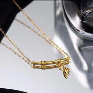 18K Gold Bamboo Reed With Lotus Blossom Accent Pendant Necklace Bohemian No Fade